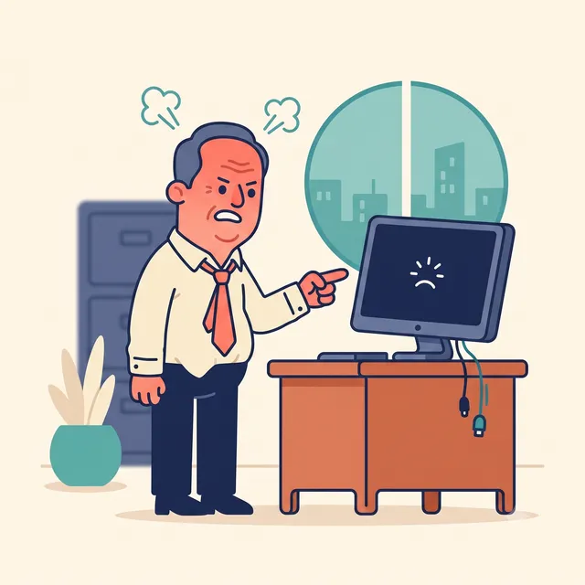 Illustration of Bill angrily pointing at his dark monitor