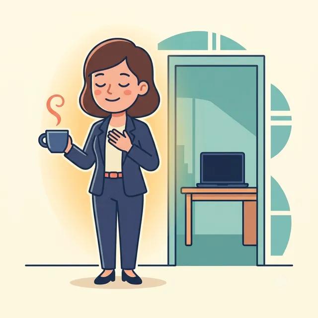 Illustration of Caroline calmly taking a breath with a cup of coffee