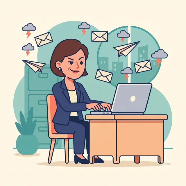 Illustration of Diane smirking while firing off sharp-edged emails