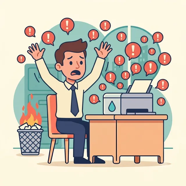 Illustration of Doug panicking as urgent alerts pile up around him