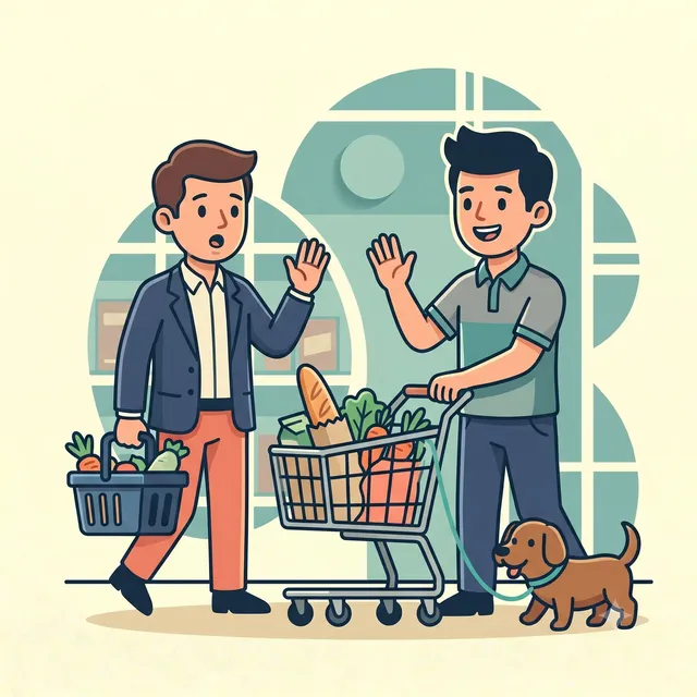 Illustration of two neighbors greeting each other at the grocery store, one with a dog